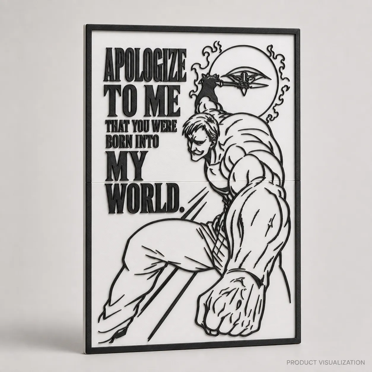 Product visualization of the My World relief poster — black raised linework of Escanor and the quote on a white backing with a black integral frame