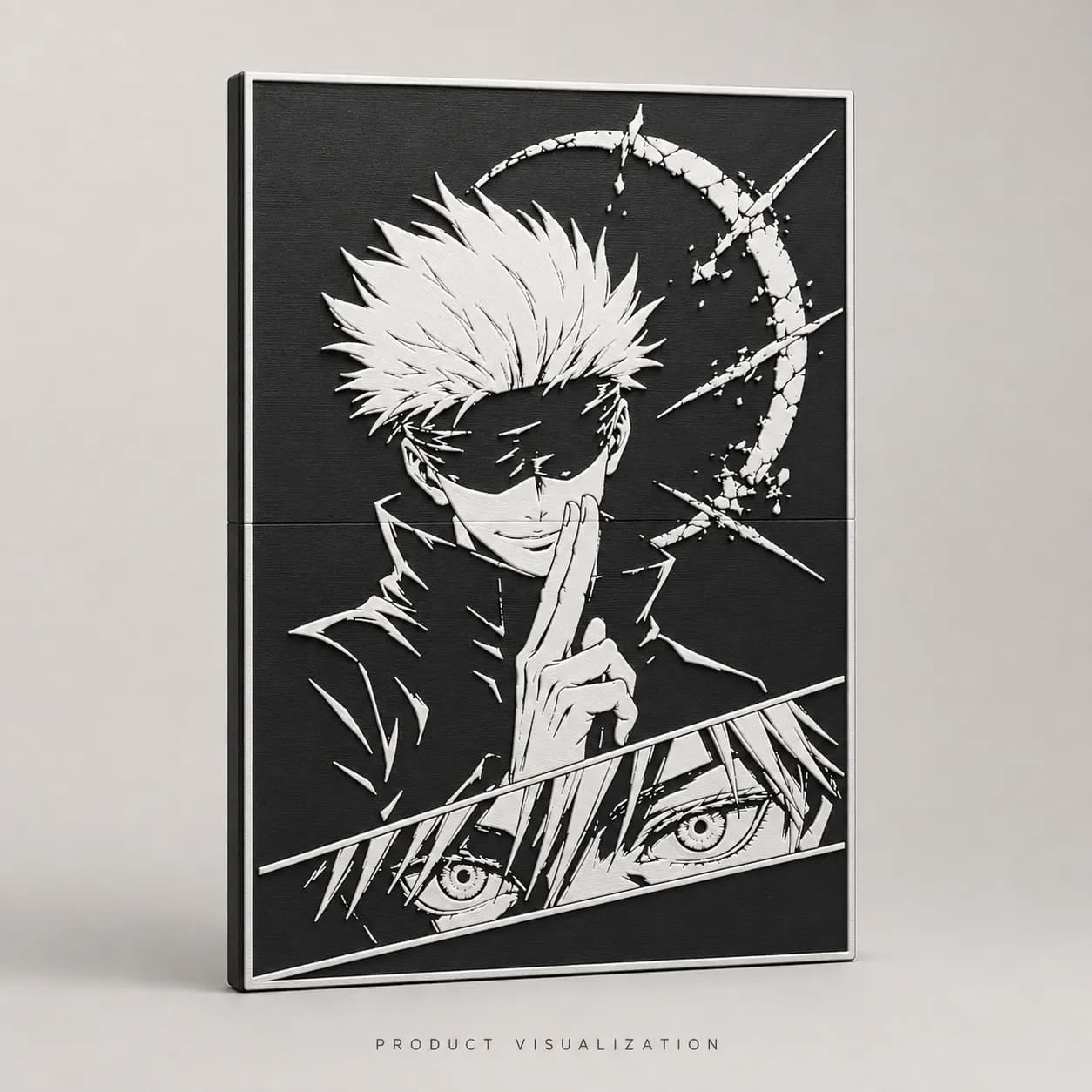 Studio product visualization of the Gojo Domain Expansion relief poster standing upright — white raised linework of blindfolded Gojo with crossed fingers, a fractured ring behind him and a diagonal eye close-up below, on a black backing with a white integral frame